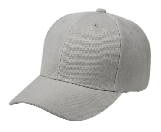 Gray easy fit cap with structured six-panel design and stitched seams available in three colors
