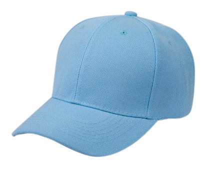 Light blue easy fit cap with structured six-panel design and stitched seams available in three colors