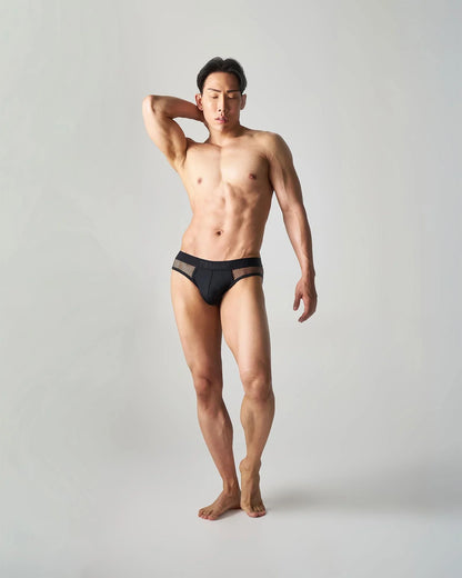 Black edge net brief with mesh panels on the sides for breathability and comfort