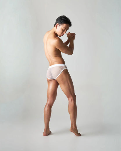 White mesh edge net brief with solid white waistband designed for breathable comfort and style