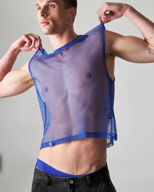 Blue edge net mesh muscle tank with sheer translucent fabric and reinforced trim along neckline and hem