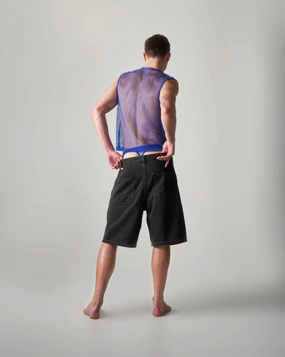 Edge net mesh muscle tank in translucent purple with blue waistband made of breathable mesh fabric