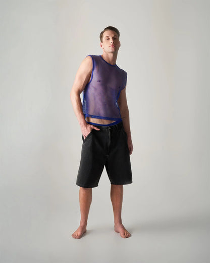 Purple mesh sleeveless edge net mesh muscle tank with blue trim for breathable activewear use