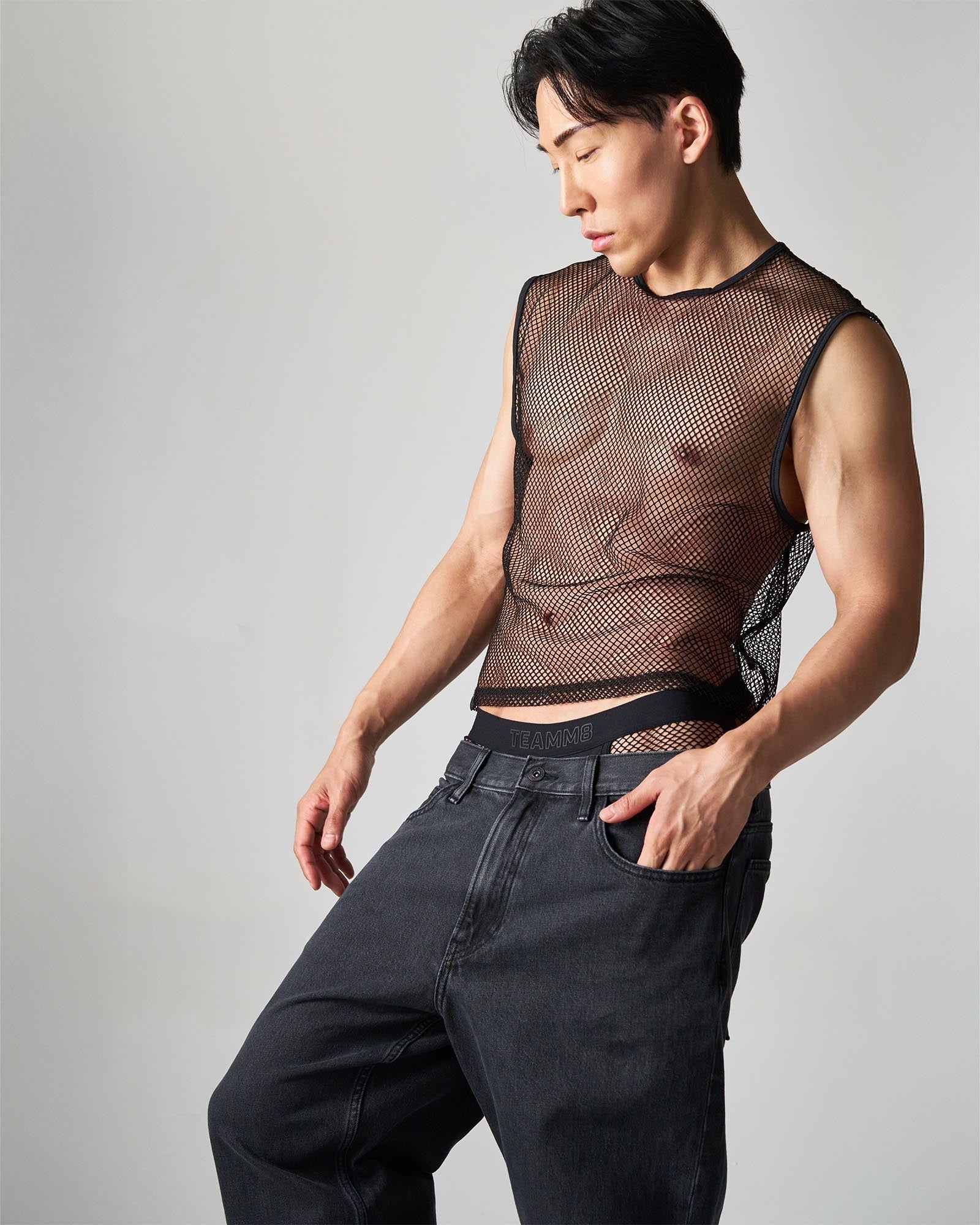 Black mesh sleeveless top edge net mesh muscle tank with fitted semi-transparent design for stylish layering