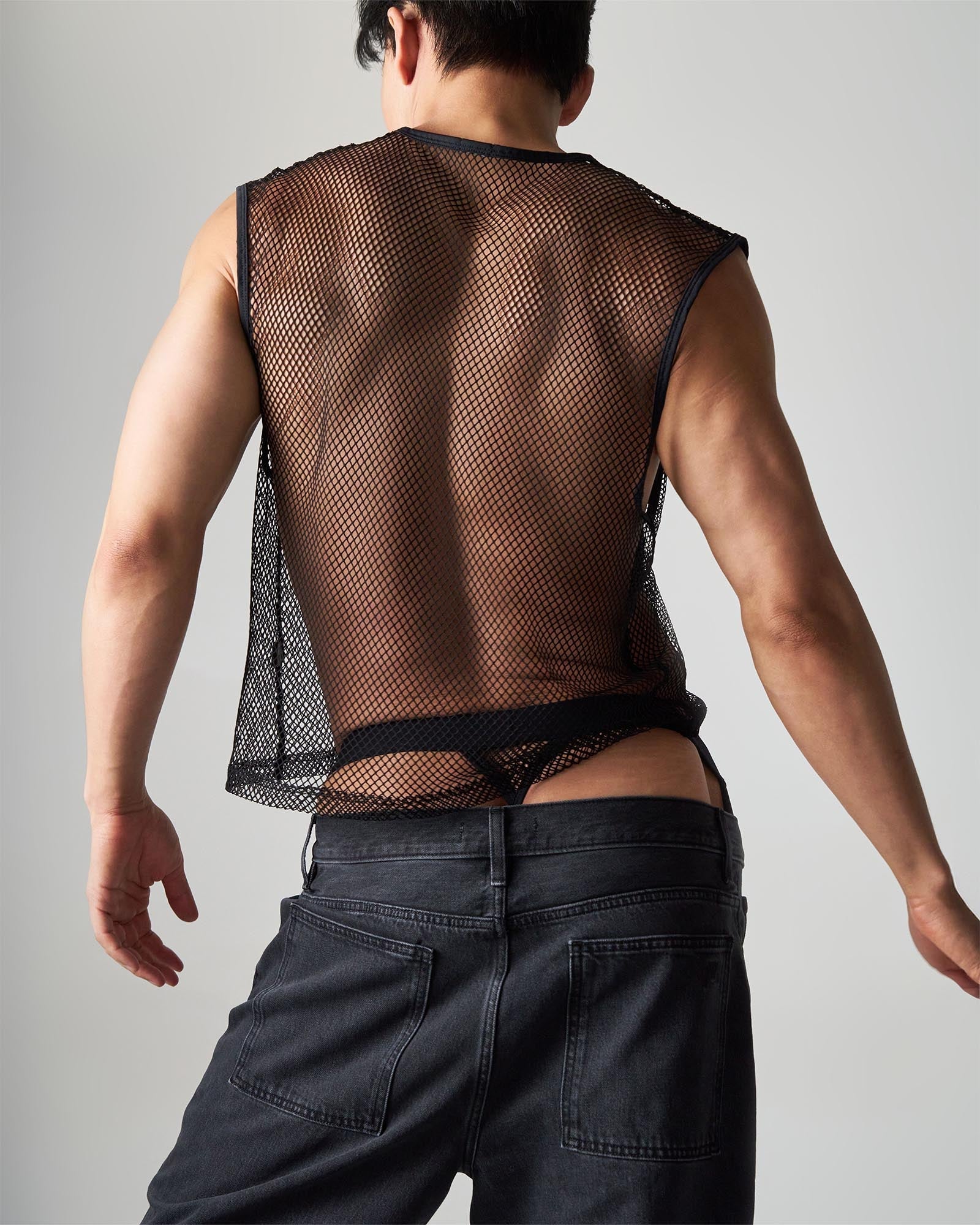 Black edge net mesh muscle tank with sheer breathable fabric and fitted cut sleeveless top