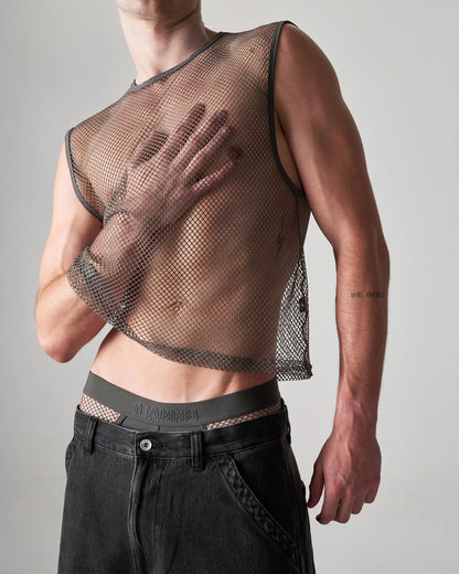 Edge Net mesh muscle tank dark gray fitted cropped design with reinforced shoulder seams in breathable mesh fabric