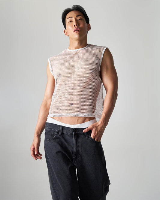 White mesh muscle tank with subtle sheen and fine uniform grid pattern for lightweight breathable wear