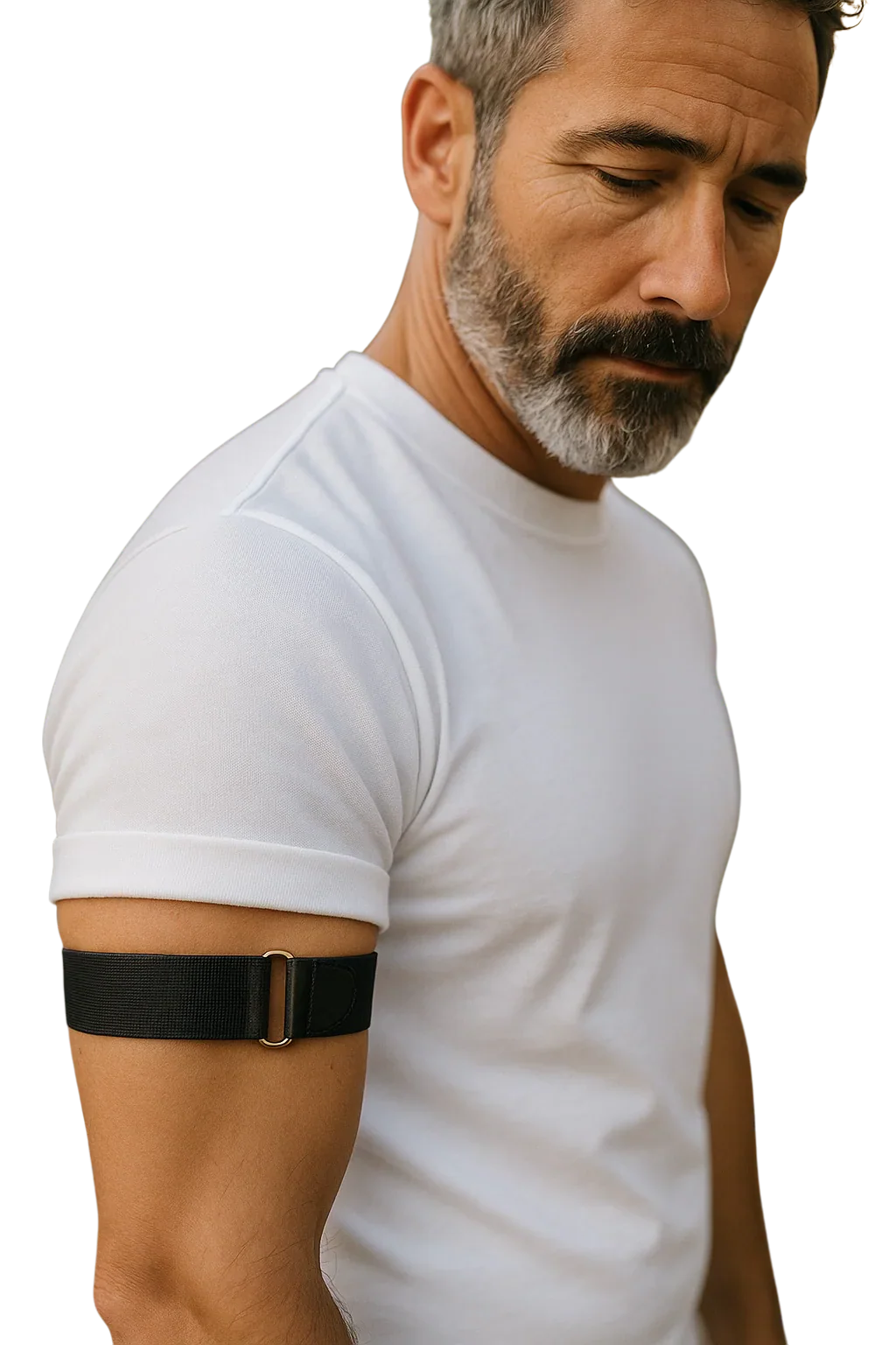 Elastic armband with a black nylon strap and gold tone metal buckle for adjustable secure fit