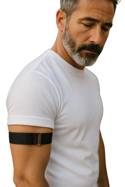 Elastic armband with a black nylon strap and gold tone metal buckle for adjustable secure fit