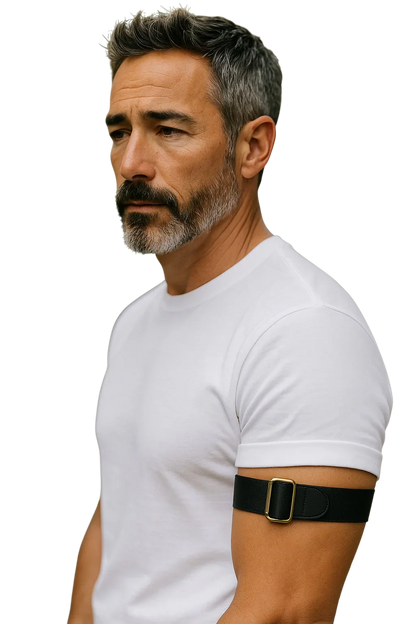 Black leather elastic armband with gold-toned buckle showcasing stylish and adjustable wrist accessory