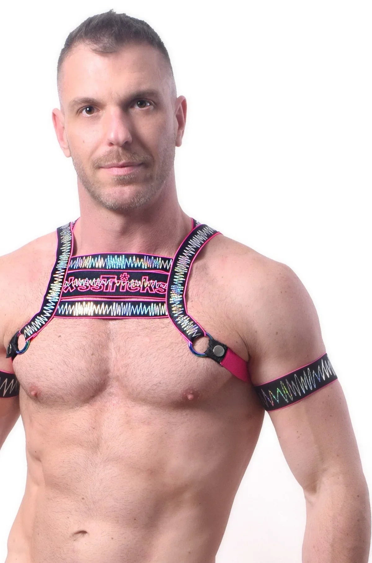 Electro armband set of 2 featuring vibrant pink and black straps with colorful zigzag chest harness design