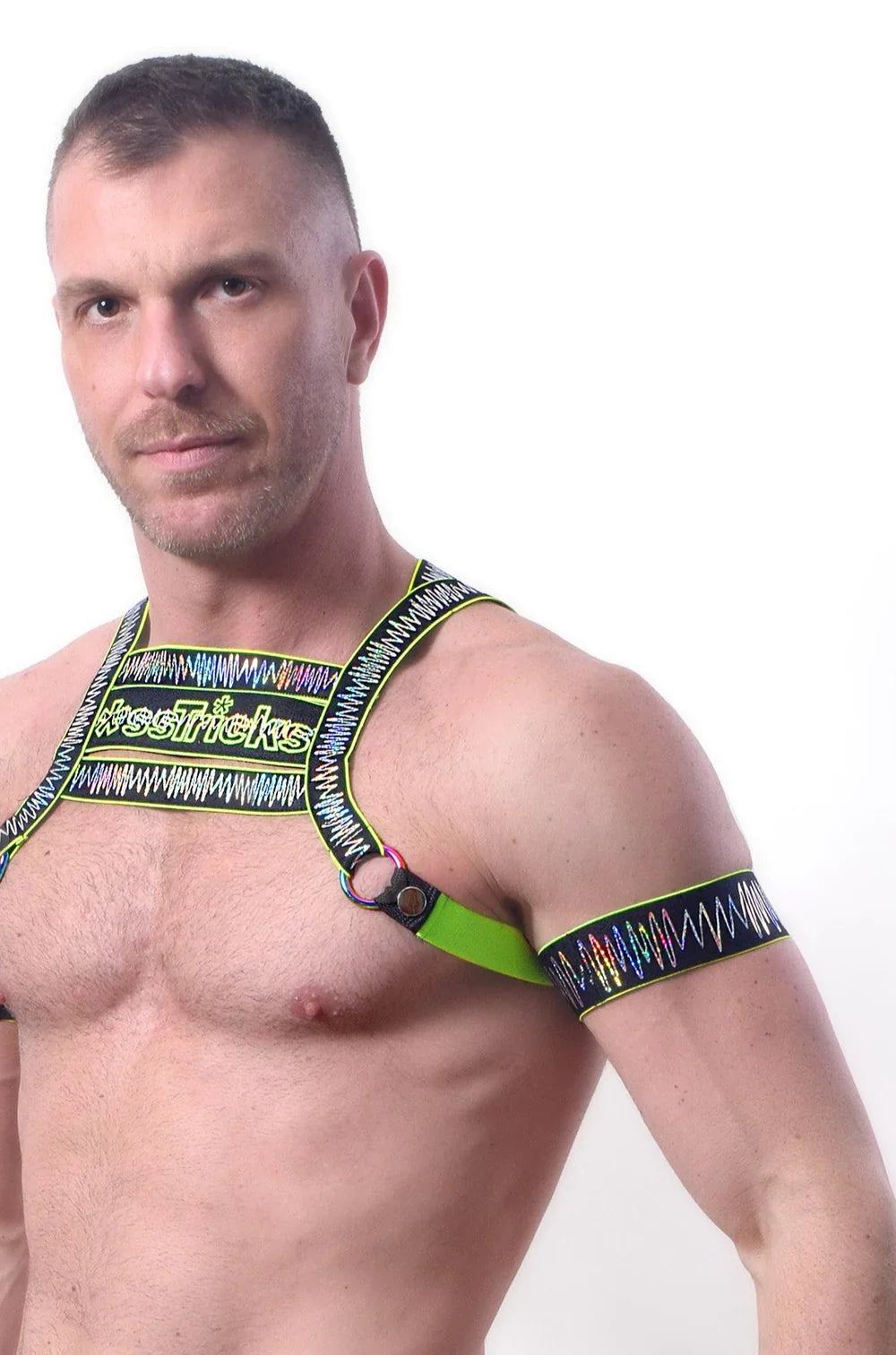 Neon green and black freetricks electro armband set of 2 with colorful wave pattern for active use