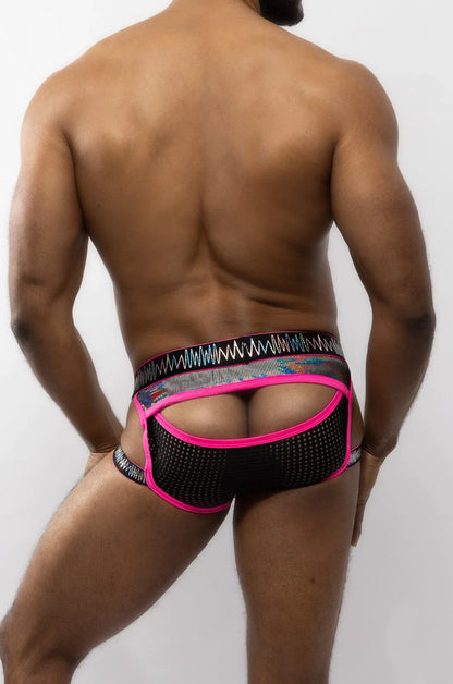 Black mesh electro brief with vibrant pink trim and colorful patterned waistband for bold comfort and style