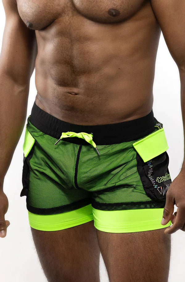 Electro cargo shorts in neon green and black mesh with a bold sporty design perfect for active wear