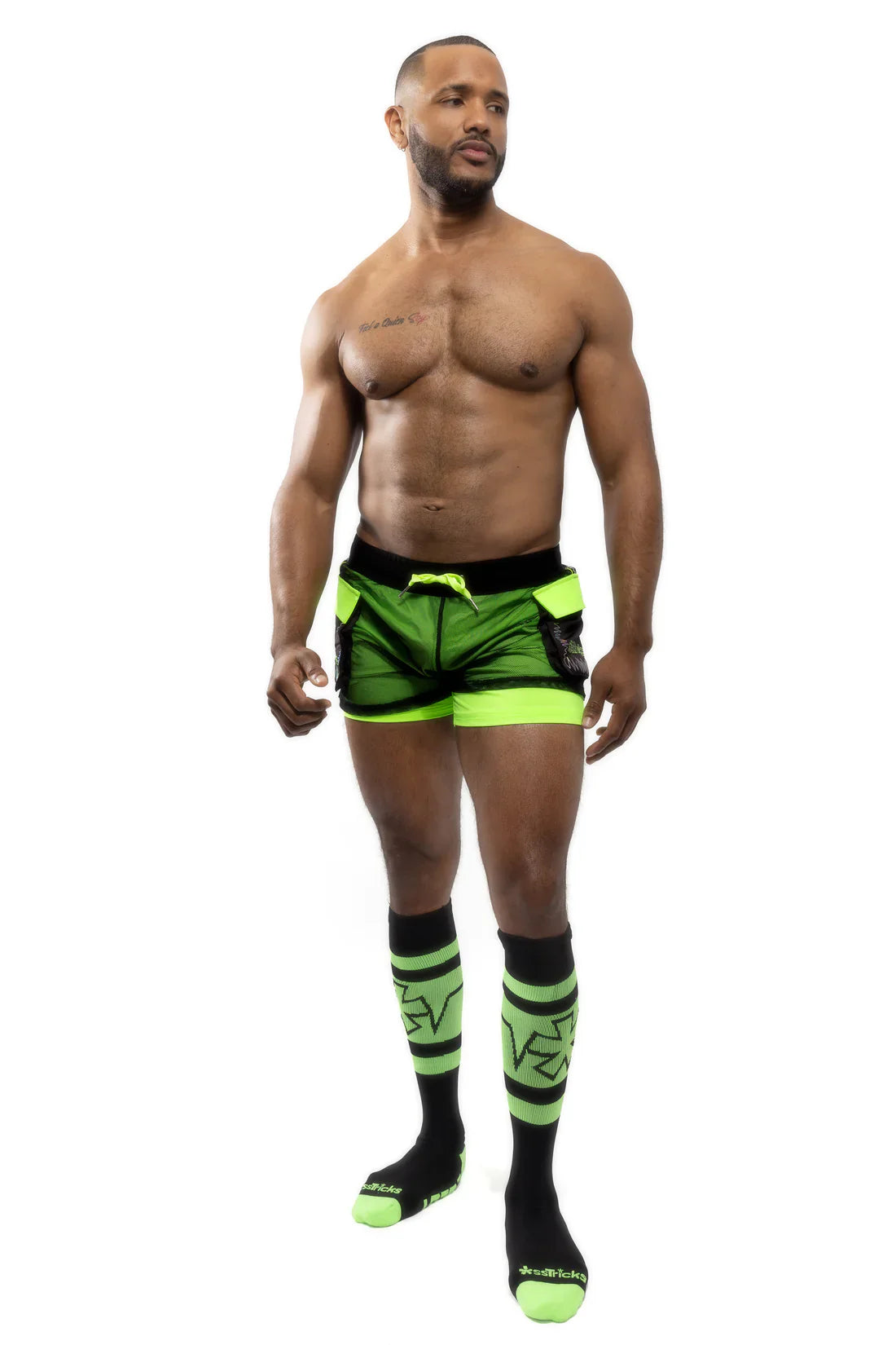 Electro cargo shorts in bright neon green and black with a matching side logo designed for athletic use