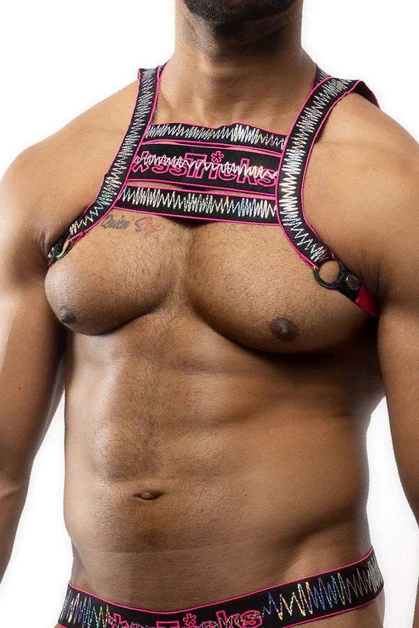 Black and pink electro holographic harness with bold wavy pattern made for stylish edgy wear