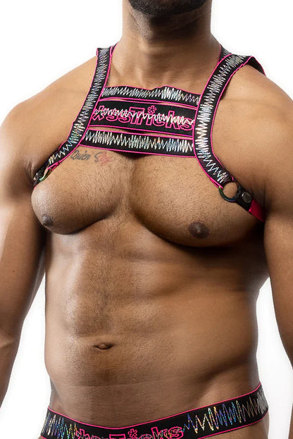 Black and pink electro holographic harness with bold wavy pattern made for stylish edgy wear