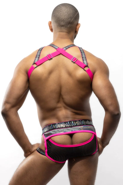 Bright pink and black mesh harness underwear with bold patterned waistband from Electro Holographic Harness collection