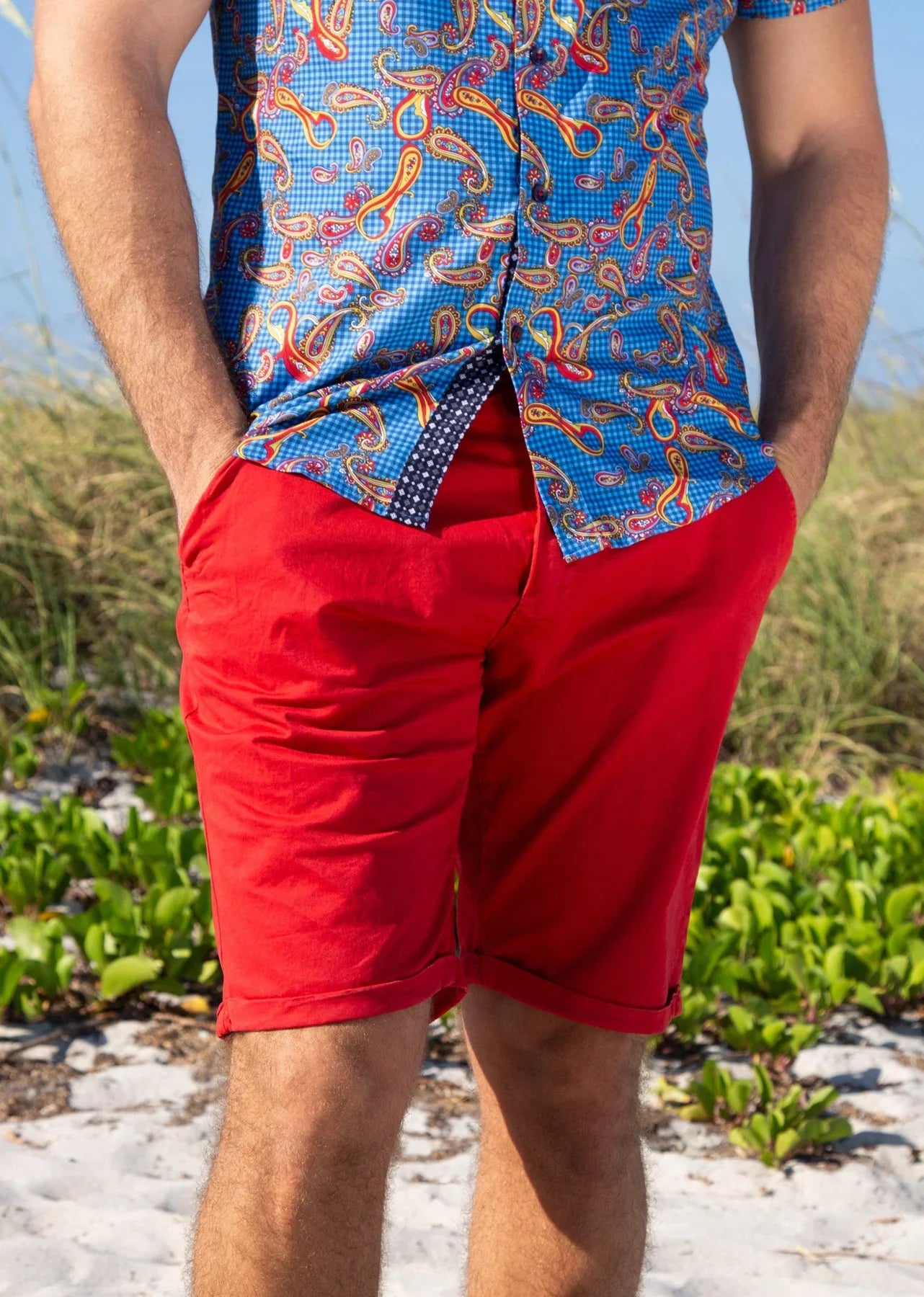 Bright red essential cotton short made of smooth fabric with neatly cuffed hem available in 4 colors