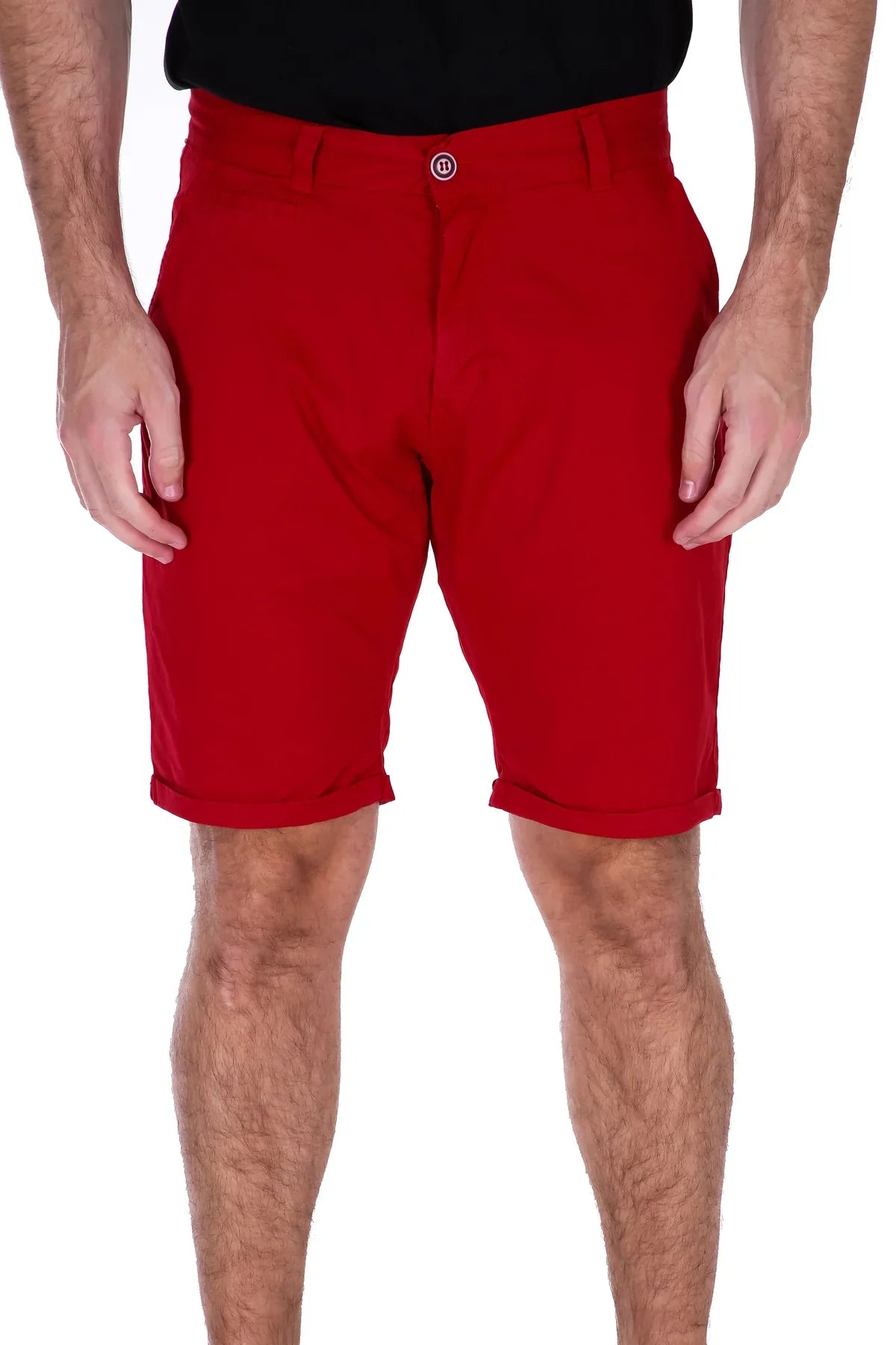 Red essential cotton shorts with button closure and rolled cuffs made from breathable cotton fabric