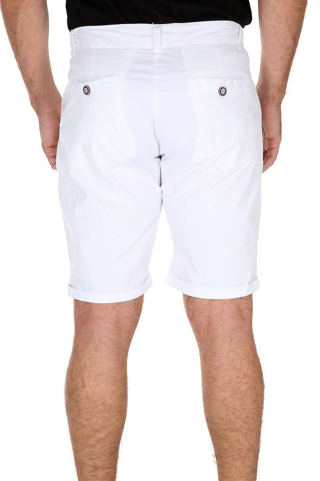 White cotton essential cotton short back side showing rolled cuffs and buttoned back pockets in 4 colors
