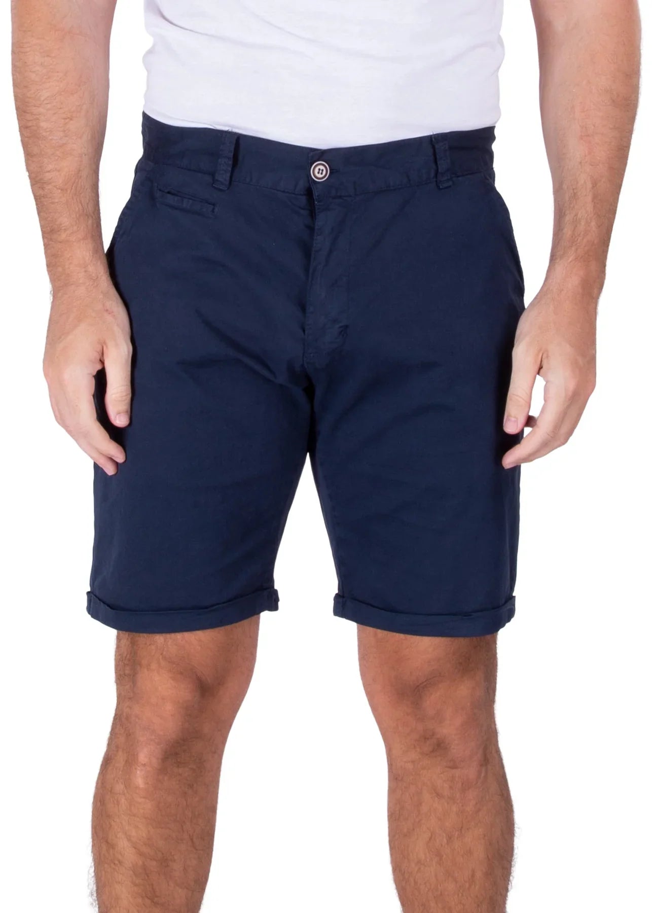 Navy blue essential cotton chino shorts with rolled cuffs and button closure available in four colors