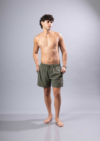 Olive green essential swim short with drawstring waist for comfortable and adjustable fit in swim trunks collection