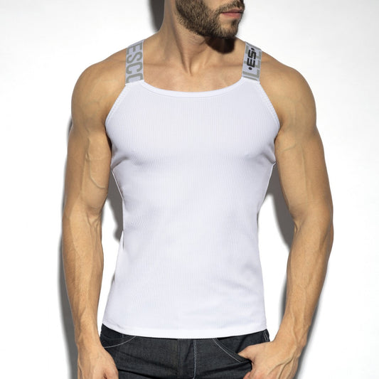 White ribbed tank top with grey elastic straps featuring text, viewed from the front.