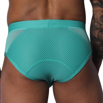 Teal mesh brief with a wide waistband, featuring semi-sheer side panels and a solid center texture.