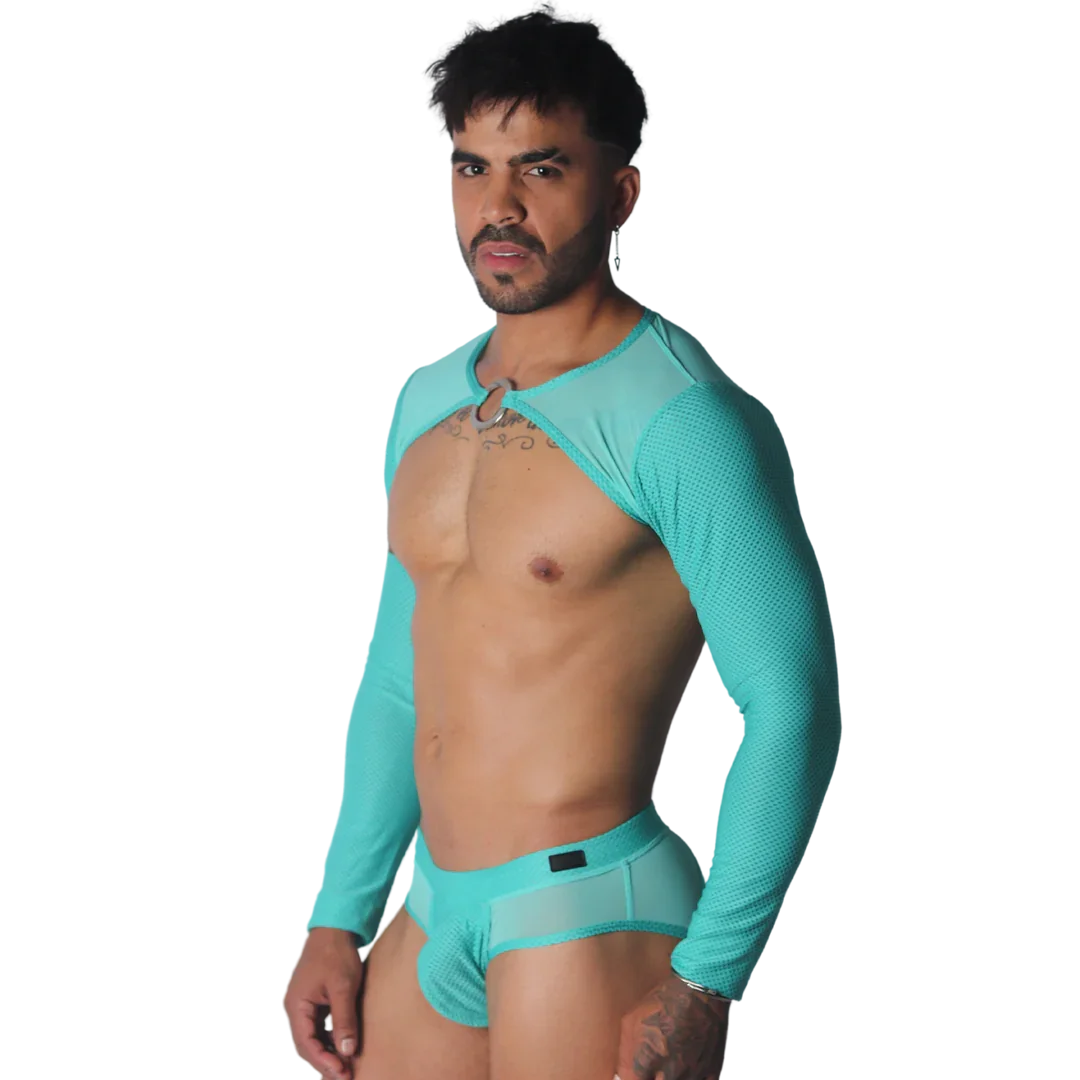Aqua-colored mesh crop harness with long sleeves, a central metal ring detail, and matching mesh briefs.
