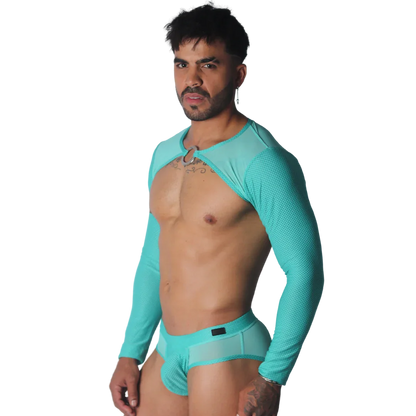 Aqua-colored mesh crop harness with long sleeves, a central metal ring detail, and matching mesh briefs.