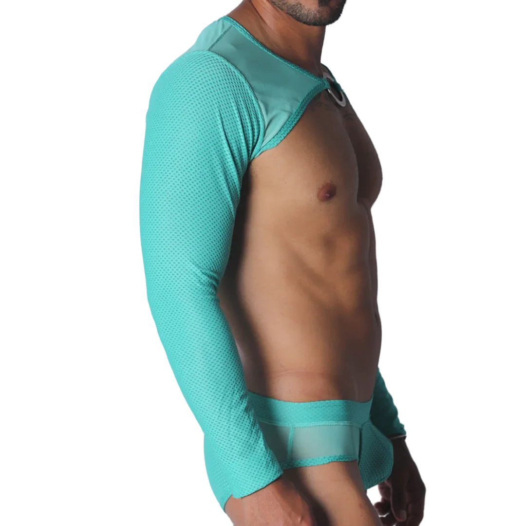 Aqua blue long-sleeve mesh crop harness with a metallic O-ring chest detail and matching briefs.