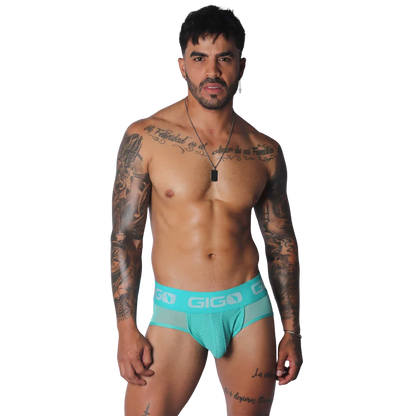Aqua jock thong with mesh fabric, supportive pouch, and wide, branded elastic waistband with white logo lettering.