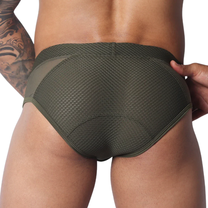 Olive green athletic briefs in textured mesh fabric with smooth side panels and rear contoured stitching.