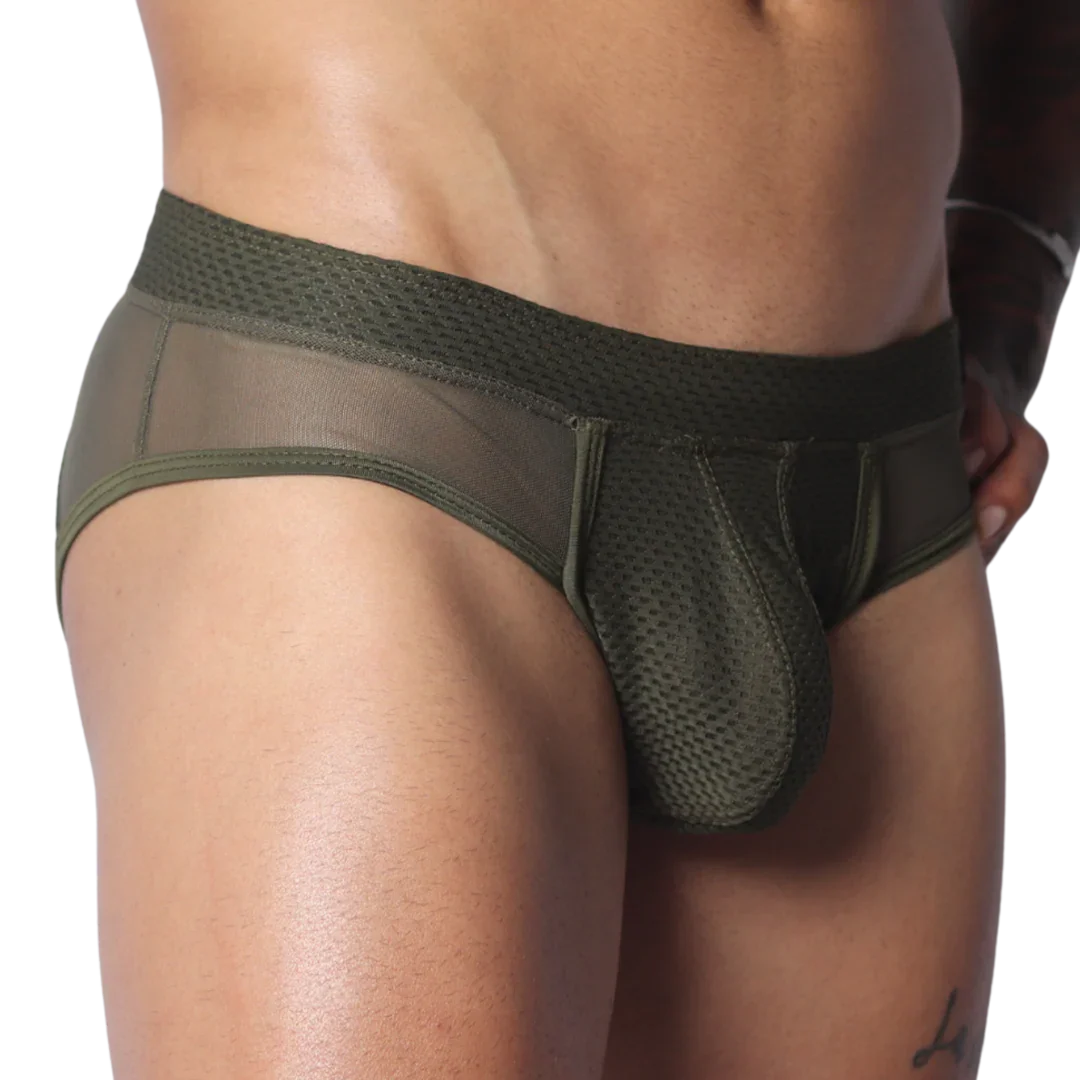 Olive green men's briefs featuring a structured mesh pouch, sheer side panels, and a textured, wide waistband.