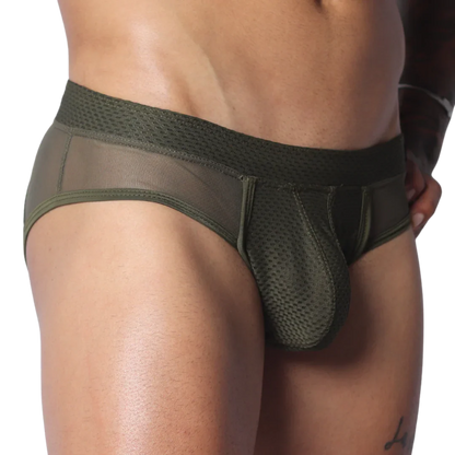 Olive green men's briefs featuring a structured mesh pouch, sheer side panels, and a textured, wide waistband.