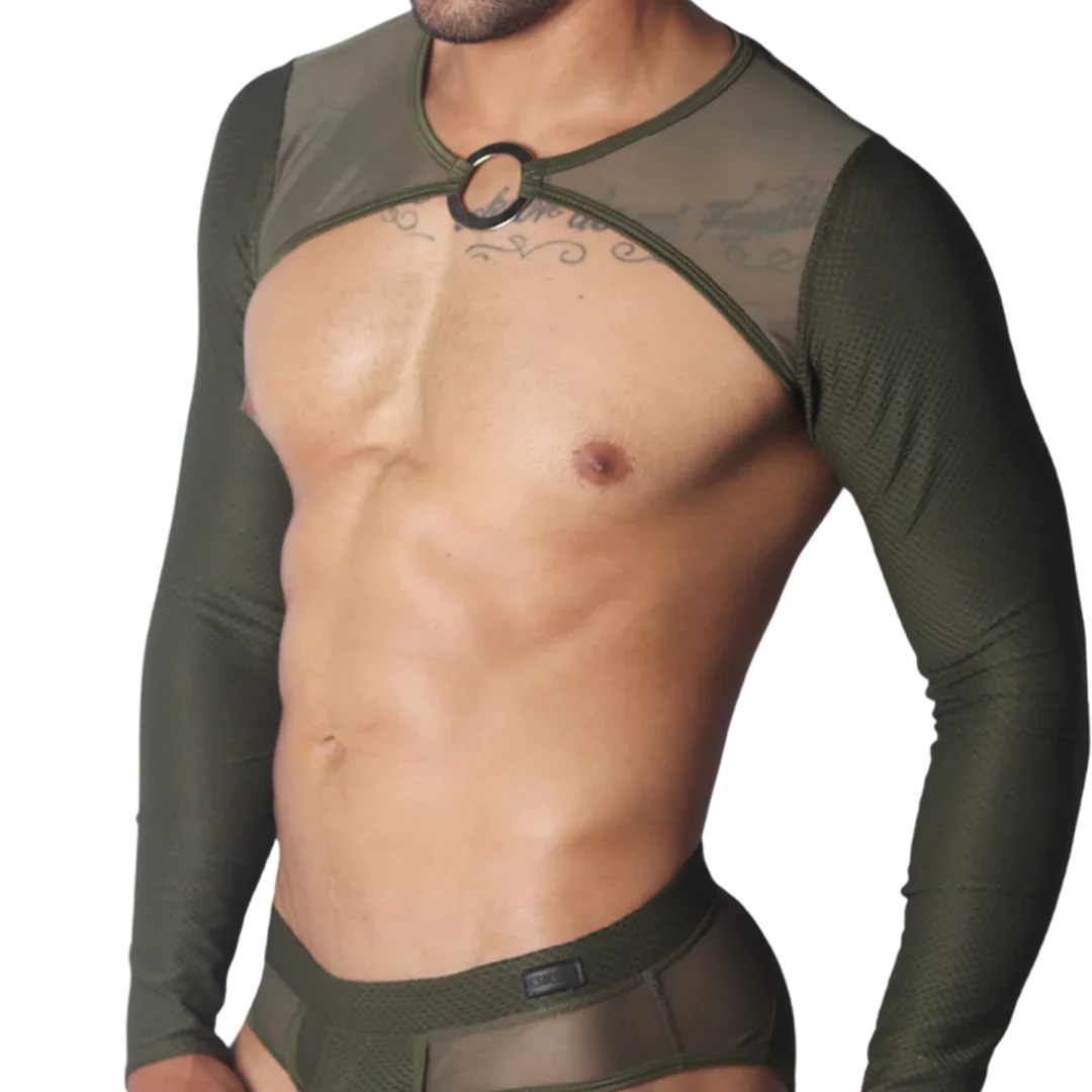Olive green long-sleeve mesh harness with a central metallic O-ring cutout, worn over a matching mesh brief.