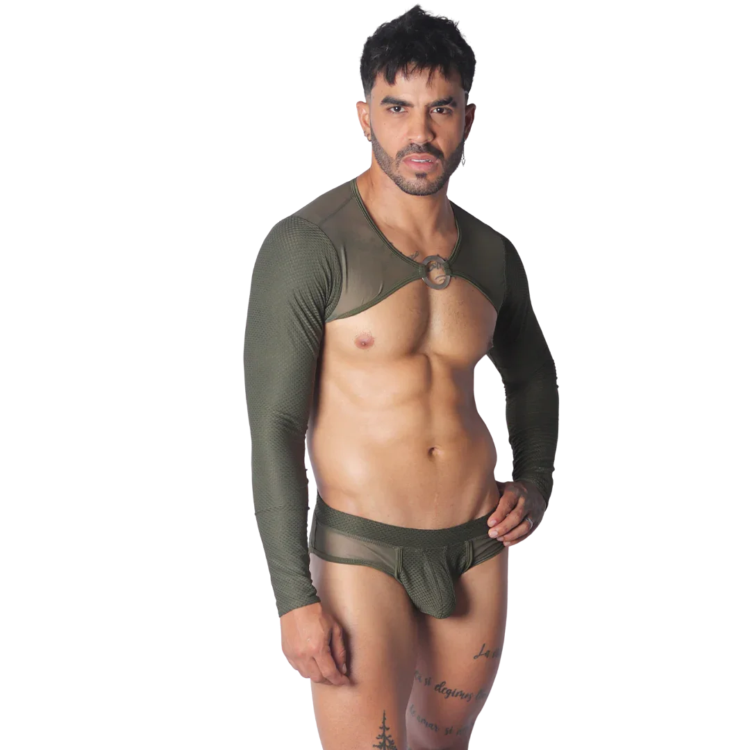 Olive green mesh bolero-style harness with long sleeves, circular chest ring, and matching low-rise mesh brief.
