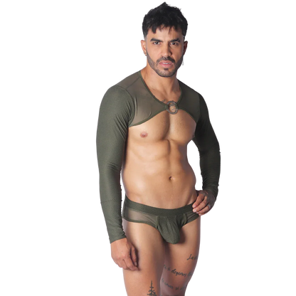 Olive green mesh bolero-style harness with long sleeves, circular chest ring, and matching low-rise mesh brief.
