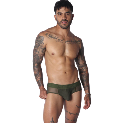Olive green jockstrap featuring a mesh pouch and branded elastic waistband on a tattooed model.