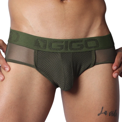 Olive green jock thong with mesh front pouch, sheer side panels, and a branded elastic waistband.