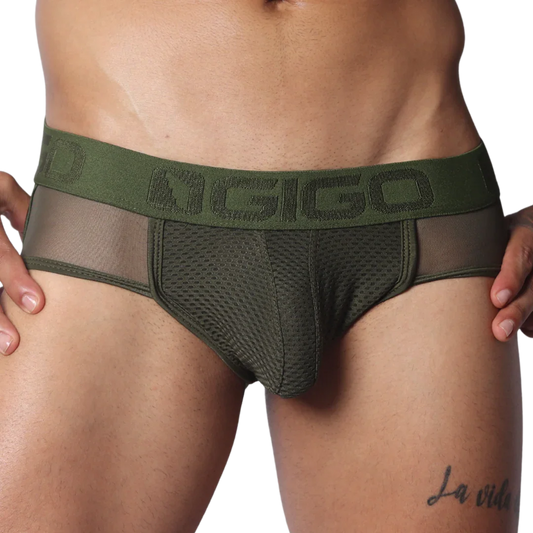 Olive green jock thong with mesh front pouch, sheer side panels, and a branded elastic waistband.