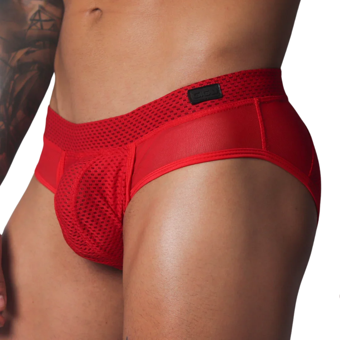 Red mesh athletic brief with a supportive pouch, wide textured waistband, and a black Gigo logo patch.