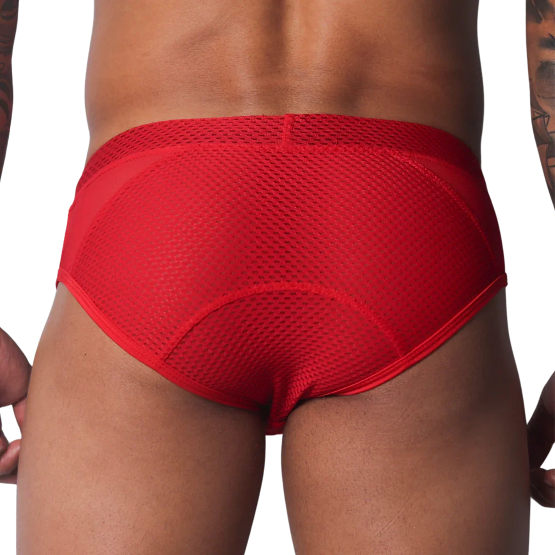 Bright red athletic-style brief with a breathable mesh back panel and solid fabric waistband and side details.