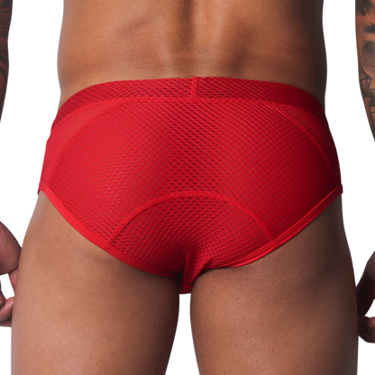 Bright red athletic-style brief with a breathable mesh back panel and solid fabric waistband and side details.