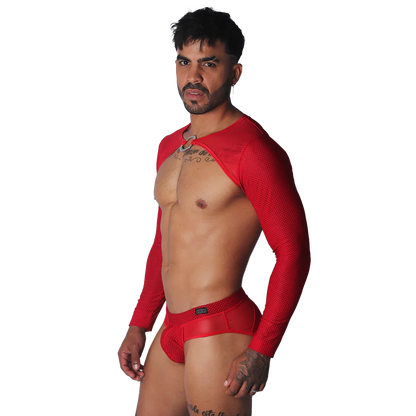 Red mesh long-sleeve harness with a center metal ring and matching red mesh briefs on a shirtless man.