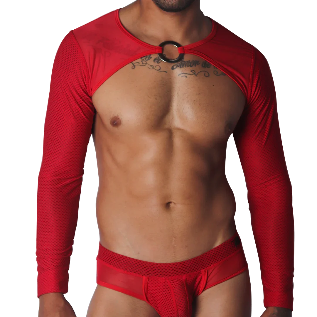 Red long-sleeve crop harness in textured mesh fabric, featuring a central silver O-ring neck accent.