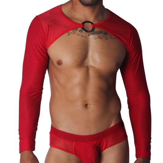 Red long-sleeve crop harness in textured mesh fabric, featuring a central silver O-ring neck accent.