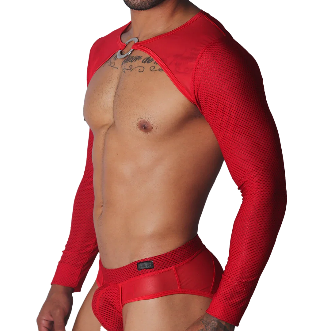 Red mesh long-sleeve crop harness featuring a chest cutout with a silver metal O-ring detail.