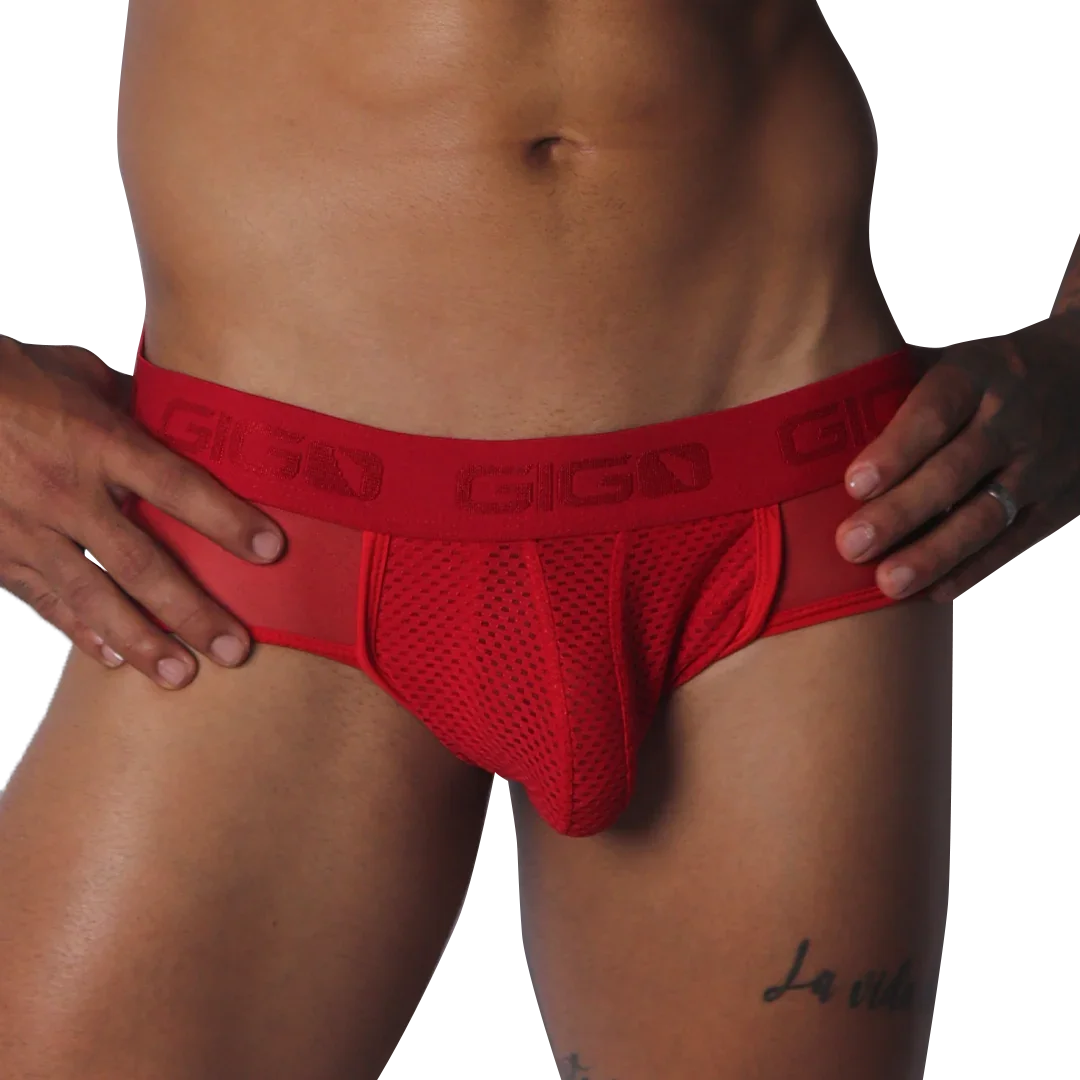 Red mesh jockstrap with a branded elastic waistband, featuring sheer side panels and a supportive contour pouch.